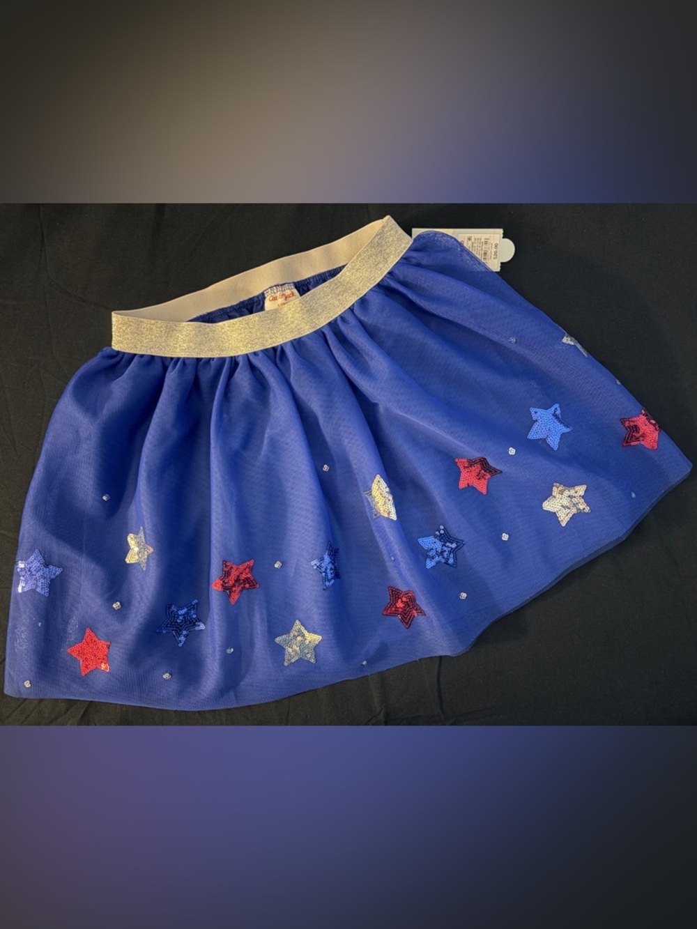 Girls Blue Sequin Star Tulle Skirt with Silver Waistband